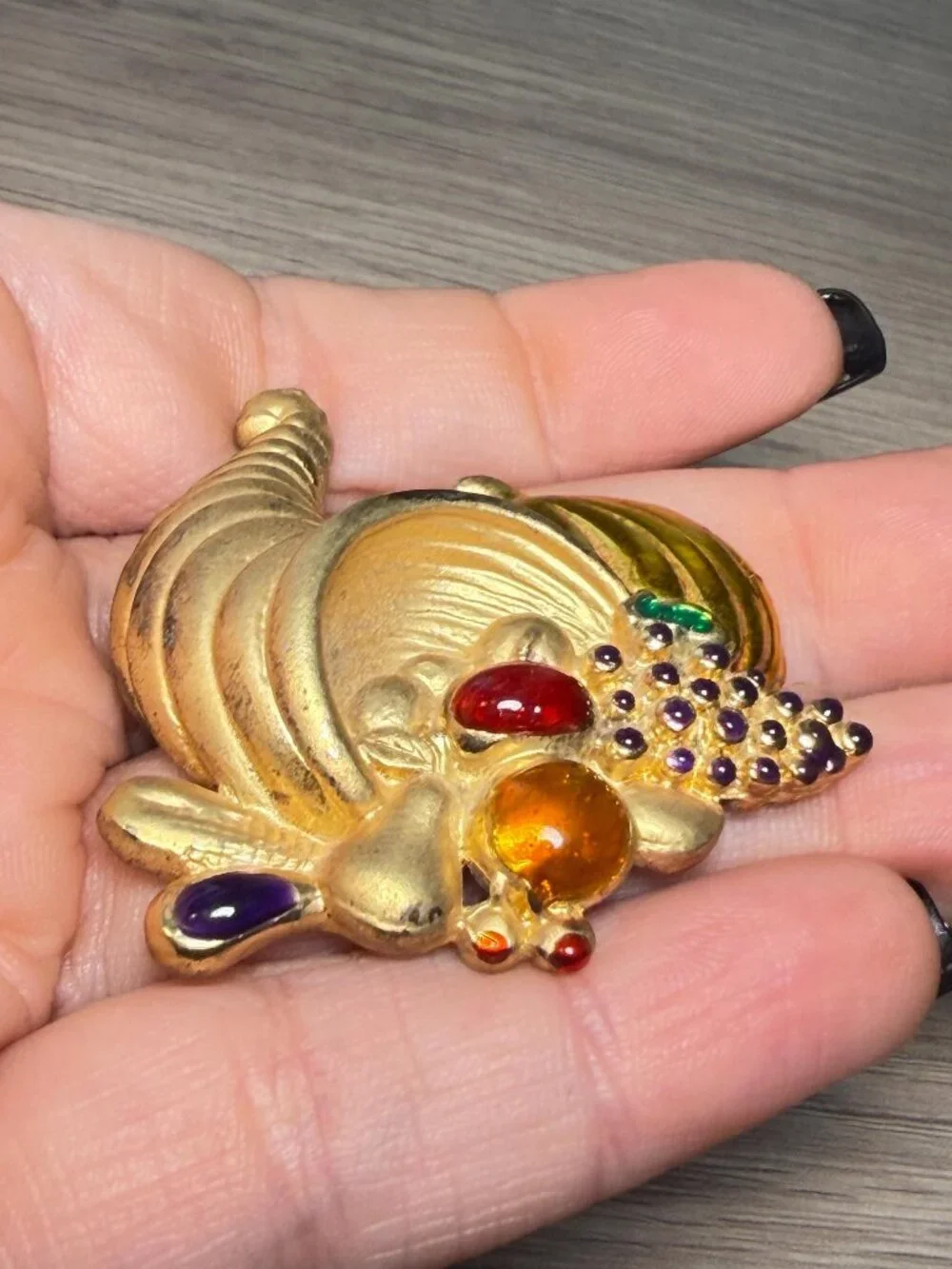 Vintage Cornucopia Brooch Gold Tone Rhinestone Fruit Fall Harvest 2.6”